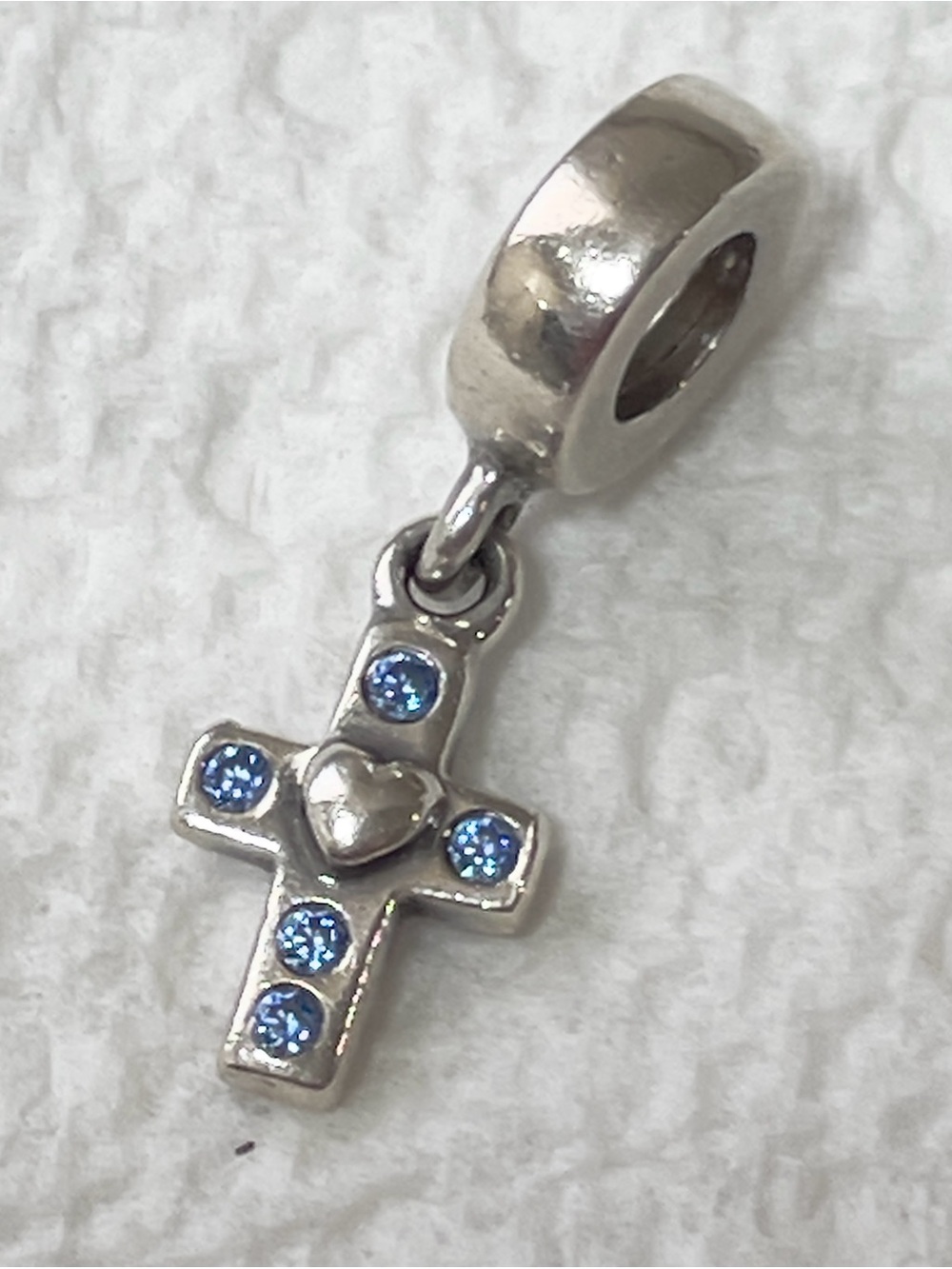 Pandora 925 Sterling Silver Cross Dangle Charm with Blue Stones